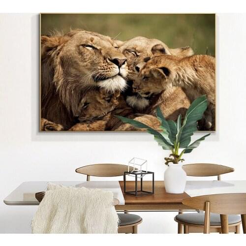 Afrian Three Lions Together Oil Painting on Canvas Scandinavian Posters and Prints Cuadros Wall Art Pictures For Living Room