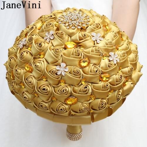 JaneVini Shining Gold Big Wedding Bouquet for Bride Diameter 30cm Luxury Artificial Crystal Beaded Rhinestone Bridal Bouquets