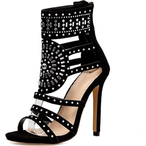CJDLY Gladiator Women Sandals Ethnic Open Toe Rhinestone Design High Heel Sandals Crystal Ankle Wrap Diamond Black Party Shoes