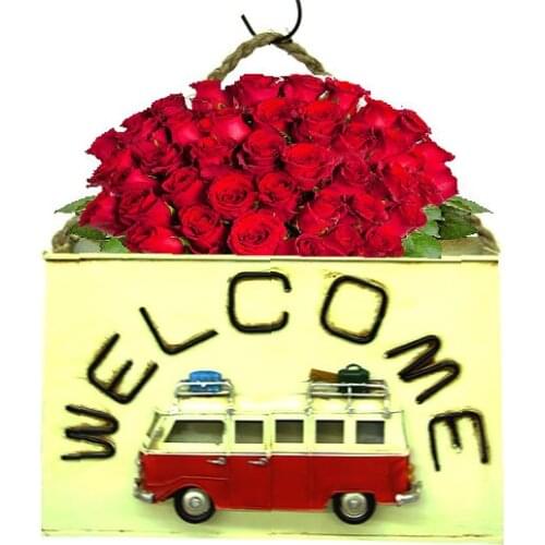 Decorative Minibus Themed Metal Flower Pot - Vintage Model, well-Worn-Quality Metal - Stylish Appearance Durable Product