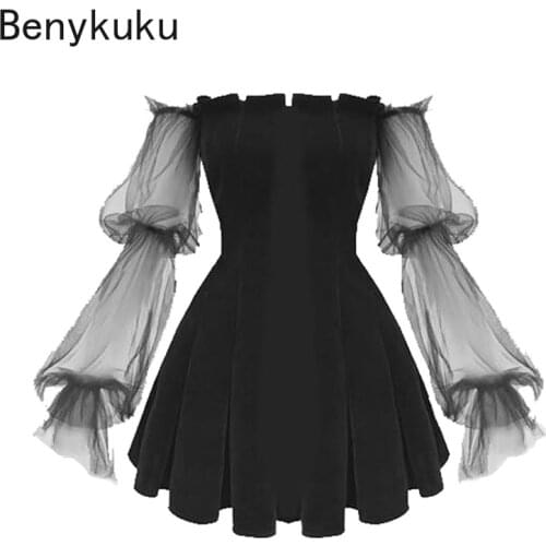 Gothic Girls Harajuku Black Women Mini Dresses Sexy Off Shoulder Club Punk Mesh Long Puff Sleeve Female Party Dress Vestidos