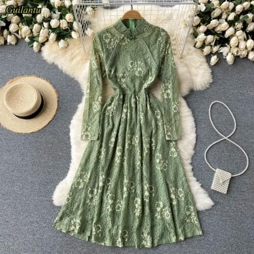 Guilantu Spring Autumn Vintage Office Long Dress Women Full Sleeve Lace Floral Slim Vestidos Mujer Elegant Evening Party Dresses