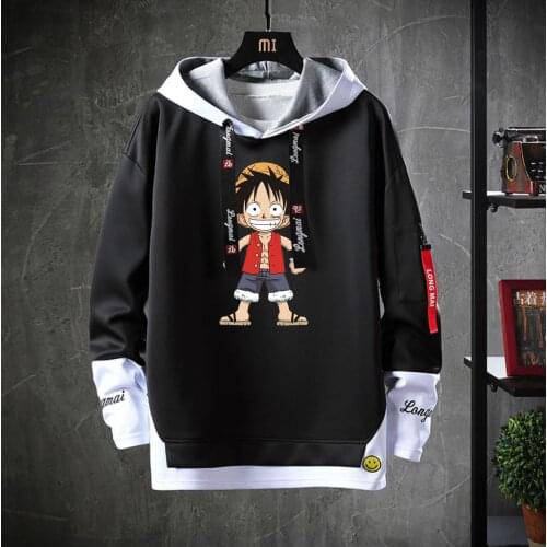 Hot anime ONE PIECE Hooded Teenagers Luffy cartoon Costume Unisex Casual Fake Two-Piece Hoodies Sweatshirt jacket