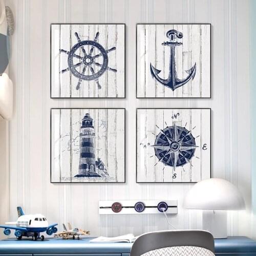 Nautical Chart Canvas Paintings Navy Lighthouse Pictures Anchor Compass Art Wall Posters and Prints Boy Living Room Home Decor