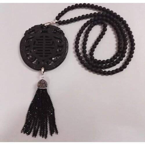 Classic Ancient Sculpture Art Pattern Vintage Pendant Black Semi Precious Matte Onyx Bead Tassel Pendant Necklace DIY Jewelry