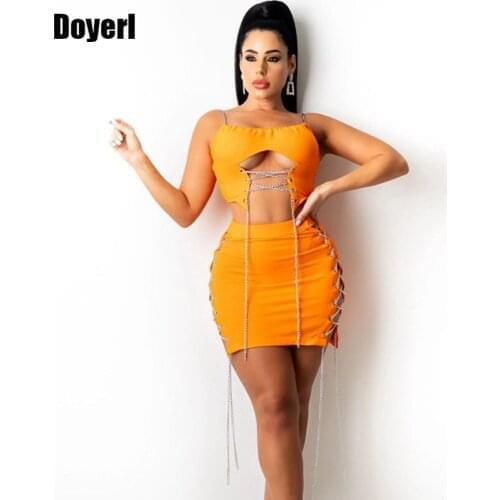 Chain Lace Up Sexy Two Piece Set Women Dress Party Club Outfits for Women Crop Top and Mini Skirt 2 Piece Matching Set Outfit