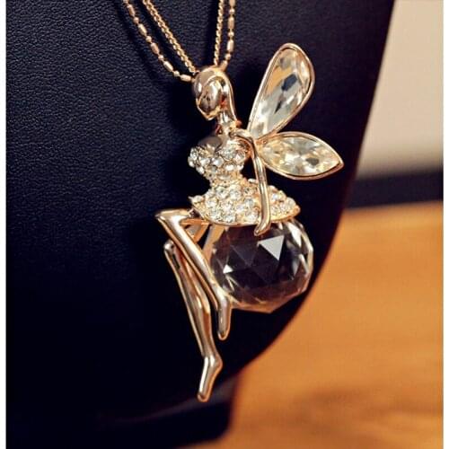 Korean Fashion Lady Gift Cute Long Sweater Chain Angel Wings Wing Crystal Necklace Animation Wonder Fairy Pendant