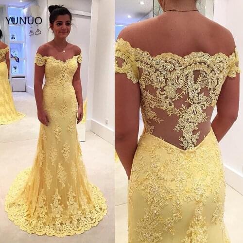 YUNUO Lace Mermaid Prom Dresses Longo Yellow Vestido Com Renda Trabalhada Appliques Womens Party Gowns for Formal Evening