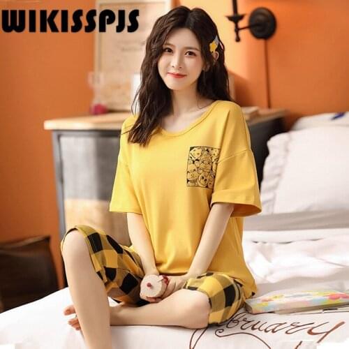 Summer Pajamas Womens Thin Short Sleeve Capris Large Size Loose Home Clothes Pajamas for Teen Girls Two Piece Set Summer