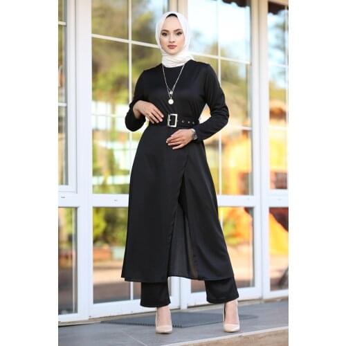 2 PCS Top Bottom Tunic Pants Muslim Set Black shabby İslamic Turkey clothes Dubai Moslem