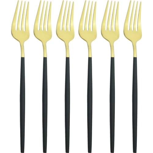 Western Stainless Steel Dessert Forks Set 6Pcs Black Gold Cutlery Set Cake Fork Salad Forks Tableware Set Kitchen Silverware Set