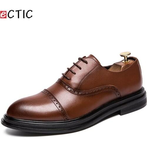 ECTIC New British Autumn Brogue Men Wingtip Derby Shoes Calcado Man Flats Formal Wedding Vintage Retro Swag Leather