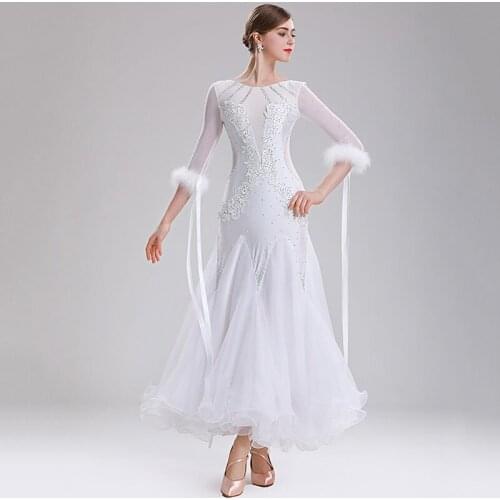 New red Ballroom Dance Dresses Womens Performance / Training Feather Waltz Standard Competition Rhinestone Modern Dance Dress