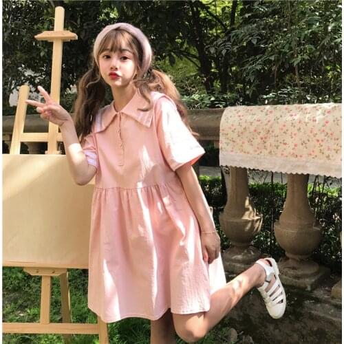 Japanese Summer Loose Short Sleeve Dress soft sister cute navy collar loose Dress PreppyStyle Cute Dress