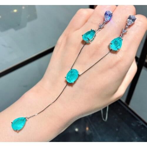 Luxury Paraiba Tourmaline Long Pendant Necklace Water Drop Earrings Jewelry Set For Women Bridal Wedding party Fine Jewelry 2021