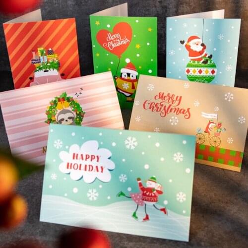 6Sets Christmas Kraft Gift Card Xmas Party Invitation Greeting Card with Envelope Sticker New Year Santa Claus Penguin Postcard