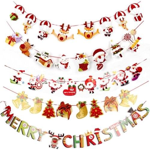 Merry Christmas Decor Garland Christmas Banners Santa Claus Banner Snowman Elk Flag Xmas Trees Banners Decor For Home
