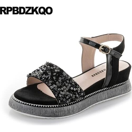 Women black bridal rhinestone genuine leather luxury diamond platform wedge sandals summer embellished beige bling crystal shoes