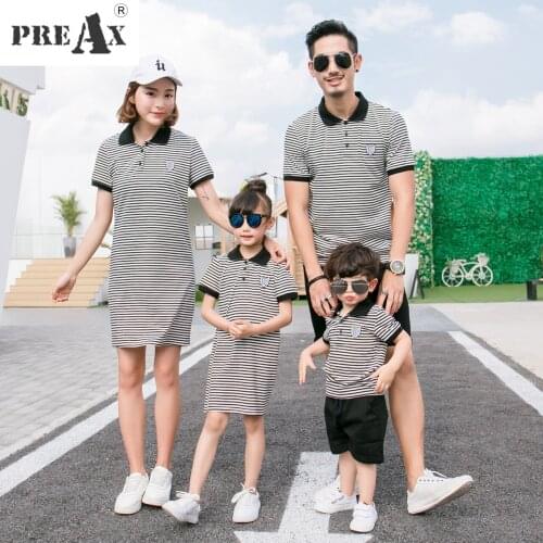 Family Matching Clothes 2018 Mother Daughter Dresses Son Outfits Cotton Casual Short-sleeve Polo T-shirt Striped Tee Family Look