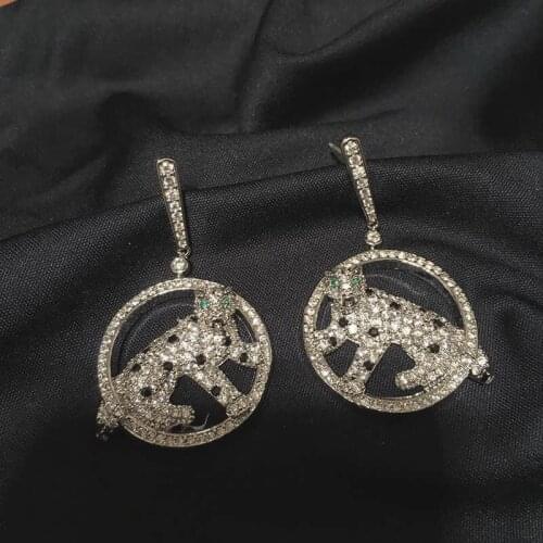 AAA+ Quality S925 Silver Post Fashion Pave CZ Crystals Black White Speckle Green Eyes Leopard Pendant Earrings For Women