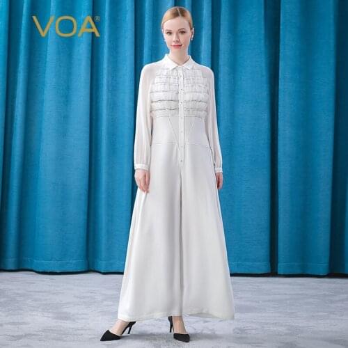 VOA Heavyweight Silk Pure White Small Lapel Raglan Long Sleeve Single Breasted Mesh Lace Splicing High Waist Jumpsuit KE260