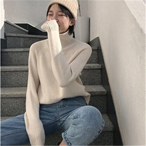 Pure cashmere high collar knit women fashion solid thick loose raglan sleeve pullover sweater S-3XL retail wholesale
