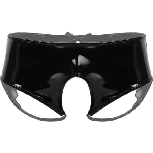 Men Wet Look Black Patent Leather Open Crotchless Sissy Panties Lingerie for Male Gay Underwear Sheer Organza Trim Erotic Briefs