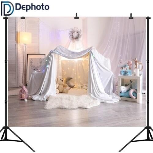 Dephoto Vinyl Indoor Baby Tent Photography Backdrop Carpet Wooden Floor Lamp Toy Bear Children Party Photo Background