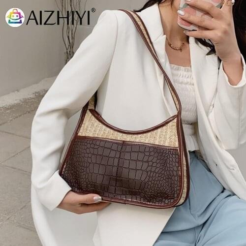 Vintage Women Straw Woven Patchwork PU Leather Shoulder Underarm Bag Casual Ladies Stitching Handbags