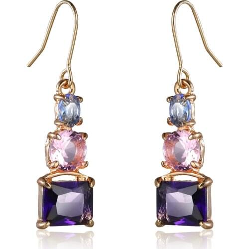 Romantic Gold Color Rainbow Purple Pink Crystal Long Drop Earrings for Women Fashion Fine Jewelry Girl Gifts