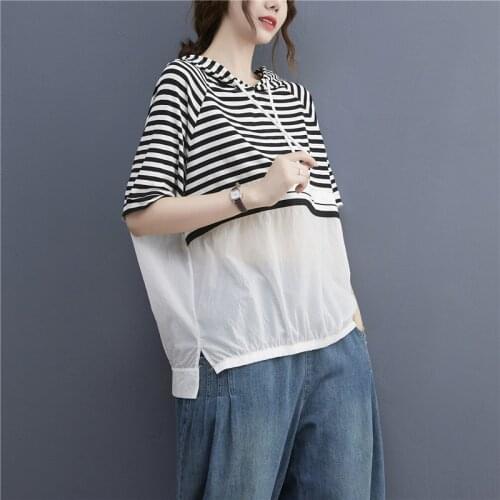 Johnature Summer New Hooded Collar Striped Women Tops 2021 Casual Loose Patchwork Short Sleeve Female T-Shirts