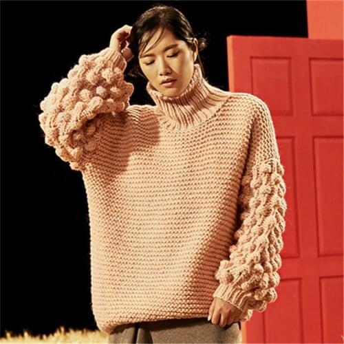 100% hand made wool turtleneck thick knit women streetwear H-straight lantern sleeve pullover sweater one&over size