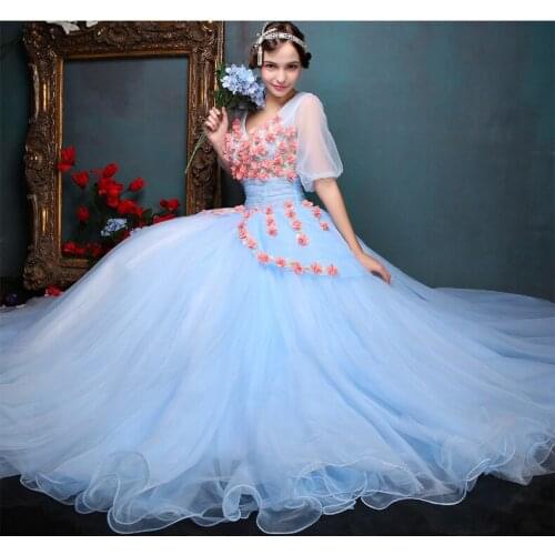 100%real light blue flower ball gown bubble venice medieval dress Renaissance Gown queen dress Victorian cosplay ball gown Belle