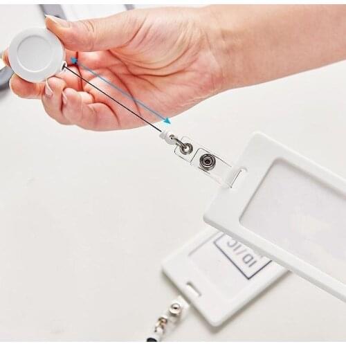 White Color Employees Staff Work Card Holder with Retractable Reel Clip ID Name Tag Cover Case Bus Card Sleeve with Key Chain