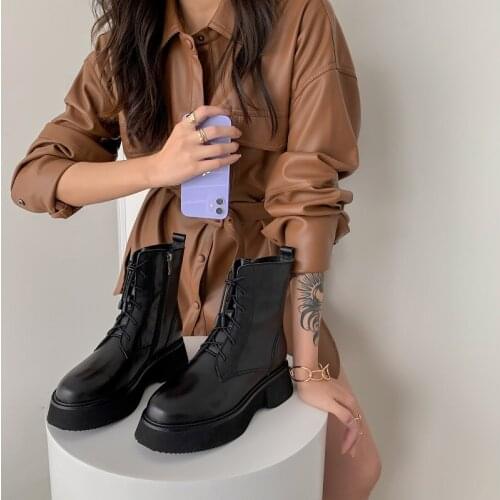 Martin Boots Cowhide Women Shoe Street Style Ladies Shoes Round Toe Woman Neutral Boots Motorcycle botines botas femininas