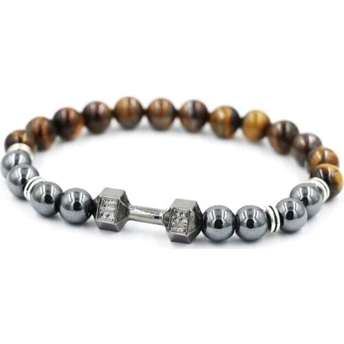 BPPCCR Iron gall stone Tiger Eye Antique gold color Barbell Jewelry Male Female Fit Life Dumbbell Beads Bracelets pulsera