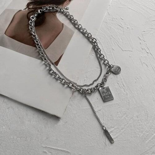 Origin Summer Double Layer Stainless Steel Square Circle Pendant Necklace for Women Letter Chain Asymmetry Necklace Jewelry