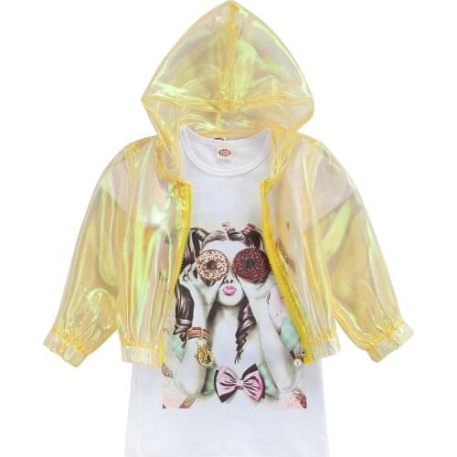 Citgeett Summer Kids Baby Girls Outfits Doughnut Print Short Sleeve T-shirt + Transparent Hooded Sun-proof Jacket Clothes Set