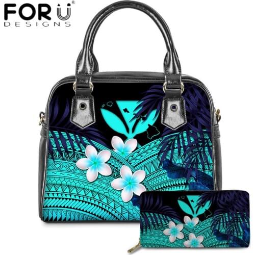 FORUDESIGNS Hawaiian Plumeria Flower With Polynesian Printing Women Top-handle Bag And Purse 2pcs Set Vintage Bolsa Mujer