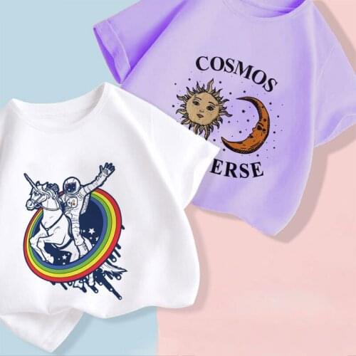 Boy Rock Retro Astronaut Graphic Printed Purple Tshirts Summer New Fashion Kids T-Shirt Girls Tops Tee Childrens Casual T-Shirt