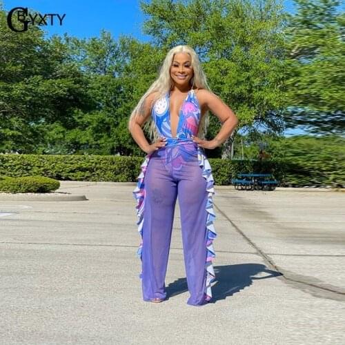 GBYXTY Summer Beach Print Matching Set Women Swimwear Bathing Suit Backless Bodysuit and Ruffles Mesh Pants 2 Piece Set ZL1185