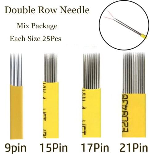 100pcs Mixed Double Row 9/15/17/21 Needles Manual Fog Eyebrow Tattoo Needles Permanent Makeup Shading Blade Microblading Needles
