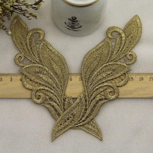 CHICKNIT 2 mirror pair gold lace Embroidery applique accessories DIY guipure lace fabric patch JA26