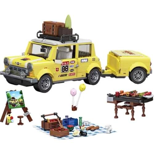 Technical 1546PCS Tourist Picnic Car Trailer Tractor Diy Building Block Set Transport Childrens Educational Bricks Toys Gifts