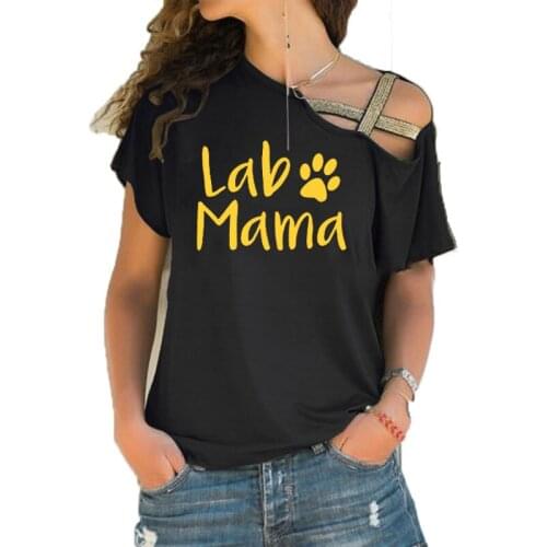 Lab Mom Lab Mama Labrador Retriever Shirt Letters Printed Women Casual T-Shirt Cute Pet Lover Irregular Skew Cross Bandage tees