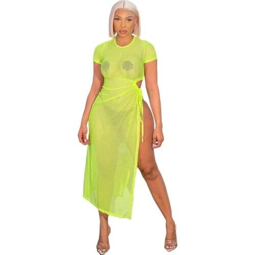Summer Cover Ups Women Female Solid Color See-through Mesh Swimsuits Beach Swimwear Bathing Split Bandage Bikini Dress Cover Up