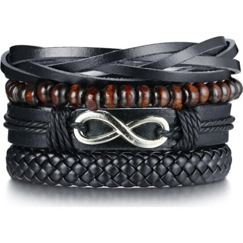 Assorted Mens Bracelets Set 4pcs Mixed Leather Wrap Bracelet Black Brown Bangles Punk Male Rock Accessory B00224