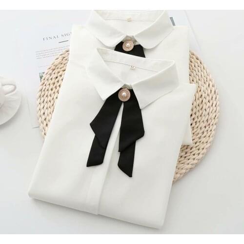 Japanese literature and art small fresh bow tie tie bow loose white shirt female long-sleeved student bottoming shirt all-match