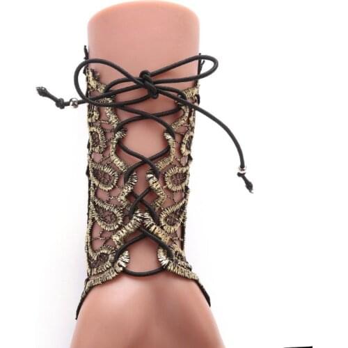 Women Vintage Retro Flapper Dress Gloves Hollowed Out Embroidered Lace Fingerless Bracelet Criss Cross Lace Up Steampunk