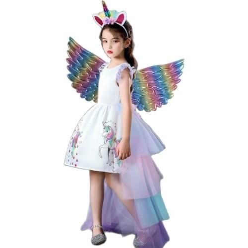 Purim Fancy Girl Colorful Long Tail Unicorn Dress for Kids Halloween Children Princess Birthday Party Tutu Costume for New Year